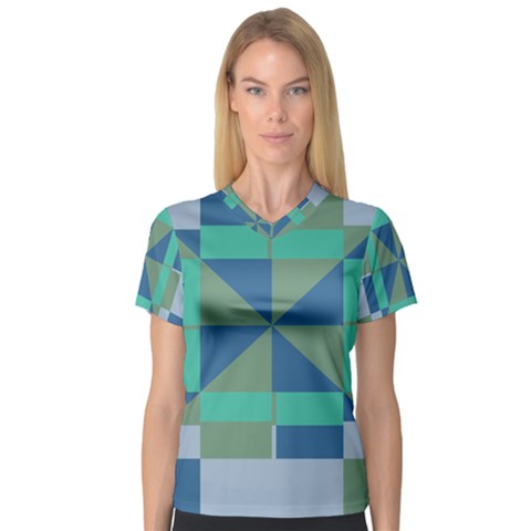 Green Blue Shapes Women s V-neck Sport Mesh Tee by LalyLauraFLM