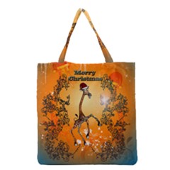 Funny, Cute Christmas Giraffe Grocery Tote Bags by FantasyWorld7