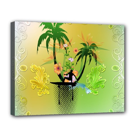 Surfing, Surfboarder With Palm And Flowers And Decorative Floral Elements Canvas 14  X 11  by FantasyWorld7