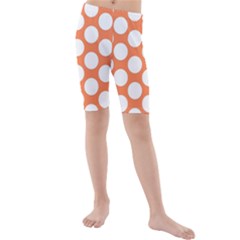 Orange Polkadot Kid s Mid Length Swim Shorts by Zandiepants