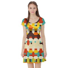 Shapes In Retro Colors Short Sleeve Skater Dress by LalyLauraFLM