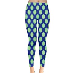 Mod Retro Green Circles On Blue Leggings  by BrightVibesDesign