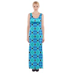 Vibrant Modern Abstract Lattice Aqua Blue Quilt Maxi Thigh Split Dress by DianeClancy