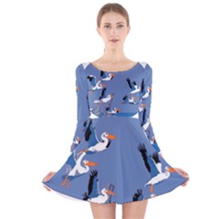 Abstract Pelicans Seascape Tropical Pop Art Long Sleeve Velvet Skater Dress by WaltCurleeArt