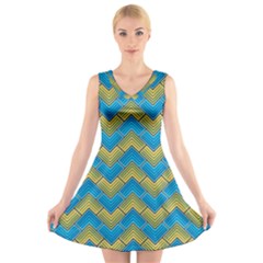 Blue And Yellow V-neck Sleeveless Skater Dress by FunkyPatterns