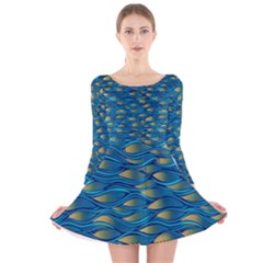 Blue Waves Long Sleeve Velvet Skater Dress by FunkyPatterns