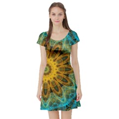 Blue Yellow Ocean Star Flower Mandala Short Sleeve Skater Dress by Zandiepants