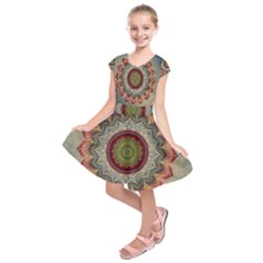 Folk Art Lotus Mandala Dirty Blue Red Kids  Short Sleeve Dress by EDDArt