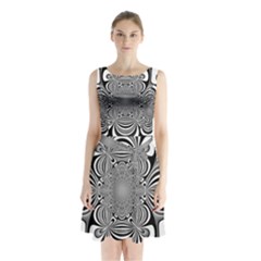 Black And White Ornamental Flower Sleeveless Chiffon Waist Tie Dress by designworld65