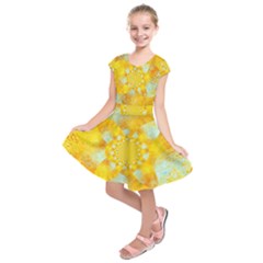Gold Blue Abstract Blossom Kids  Short Sleeve Dress by designworld65