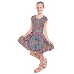 Abstract Painting Mandala Salmon Blue Green Kids  Short Sleeve Dress by EDDArt