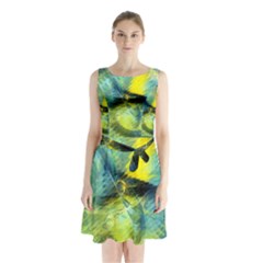 Light Blue Yellow Abstract Fractal Sleeveless Chiffon Waist Tie Dress by designworld65