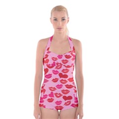 Valentine s Day Kisses Boyleg Halter Swimsuit  by BubbSnugg