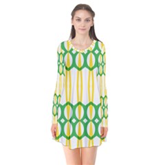 Green Yellow Shapes                      Long Sleeve V-neck Flare Dress by LalyLauraFLM
