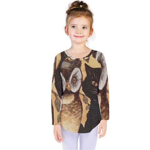 Owl And Black Cat Kids  Long Sleeve Tee by Nexatart