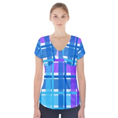 Gingham Pattern Blue Purple Shades Short Sleeve Front Detail Top by Amaryn4rt