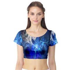 Ghost Fractal Texture Skull Ghostly White Blue Light Abstract Short Sleeve Crop Top (tight Fit) by Simbadda