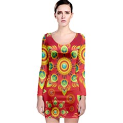 Red And Orange Floral Geometric Pattern Long Sleeve Bodycon Dress by LovelyDesigns4U