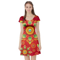 Red And Orange Floral Geometric Pattern Short Sleeve Skater Dress by LovelyDesigns4U