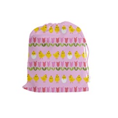 Easter - Chick And Tulips Drawstring Pouches (large)  by Valentinaart