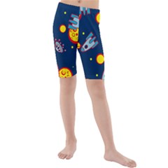 Rocket Ufo Moon Star Space Planet Blue Circle Kids  Mid Length Swim Shorts by Mariart