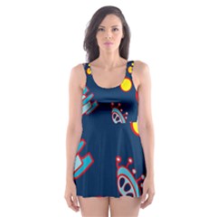 Rocket Ufo Moon Star Space Planet Blue Circle Skater Dress Swimsuit by Mariart