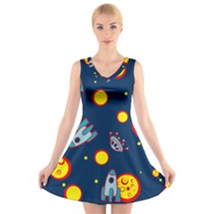 Rocket Ufo Moon Star Space Planet Blue Circle V-neck Sleeveless Skater Dress by Mariart