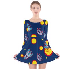 Rocket Ufo Moon Star Space Planet Blue Circle Long Sleeve Velvet Skater Dress by Mariart