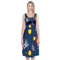 Rocket Ufo Moon Star Space Planet Blue Circle Midi Sleeveless Dress by Mariart