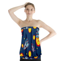Rocket Ufo Moon Star Space Planet Blue Circle Strapless Top by Mariart