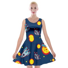 Rocket Ufo Moon Star Space Planet Blue Circle Velvet Skater Dress by Mariart