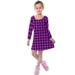 Lumberjack Fabric Pattern Pink Black Kids  Long Sleeve Velvet Dress by EDDArt