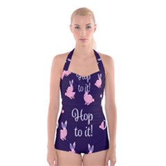 Rabbit Bunny Pink Purple Easter Animals Boyleg Halter Swimsuit  by Mariart