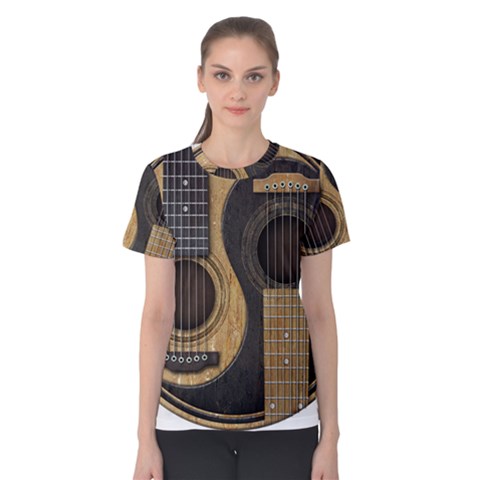 Old And Worn Acoustic Guitars Yin Yang Women s Cotton Tee by JeffBartels
