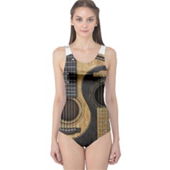 Old And Worn Acoustic Guitars Yin Yang One Piece Swimsuit by JeffBartels