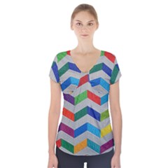 Charming Chevrons Quilt Short Sleeve Front Detail Top by BangZart