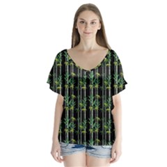 Bamboo Pattern V-neck Flutter Sleeve Top by ValentinaDesign