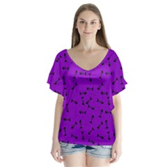 Fish Bones Pattern V-neck Flutter Sleeve Top by ValentinaDesign