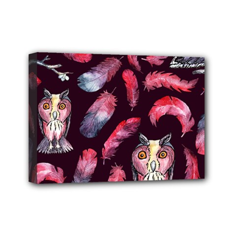 Boho Owl And Feather Pattern Mini Canvas 7  X 5  by paulaoliveiradesign