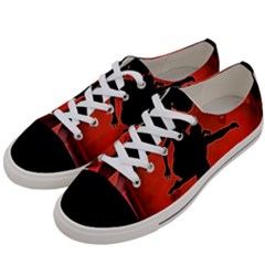Dancing Couple On Red Background With Flowers And Hearts Women s Low Top Canvas Sneakers by FantasyWorld7