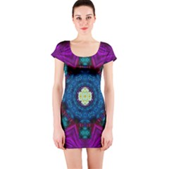 Sunshine Mandala And Fantasy Snow Floral Short Sleeve Bodycon Dress by pepitasart