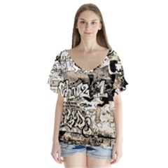 Graffiti V-neck Flutter Sleeve Top by Valentinaart