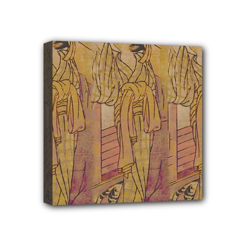 Japanese Geisha With Cat Illustration Mini Canvas 4  X 4  by paulaoliveiradesign