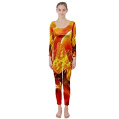 Arrangement Butterfly Aesthetics Orange Background Long Sleeve Catsuit by Celenk