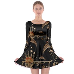 Wonderful Dolphins And Flowers, Golden Colors Long Sleeve Skater Dress by FantasyWorld7