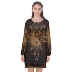 The Sign Ying And Yang With Floral Elements Long Sleeve Chiffon Shift Dress  by FantasyWorld7