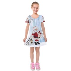 Santa Claus With Funny Penguin Kids  Short Sleeve Velvet Dress by FantasyWorld7