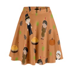 Pilgrims And Indians Pattern - Thanksgiving High Waist Skirt by Valentinaart