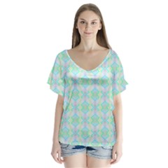 Pattern V-neck Flutter Sleeve Top by gasi