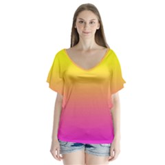 Pattern V-neck Flutter Sleeve Top by gasi